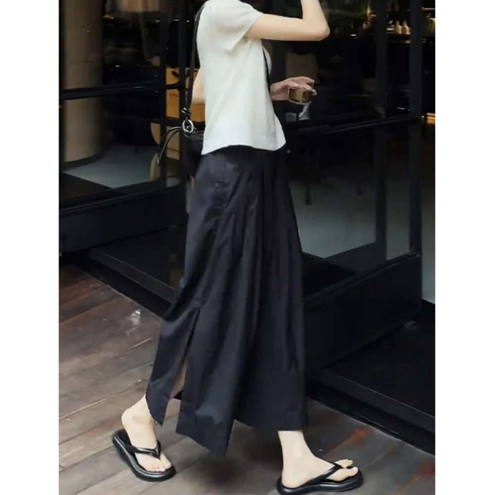 端庄优雅大气！松紧腰宽松百搭裤裙开叉高腰显瘦七分裤女休闲裤子