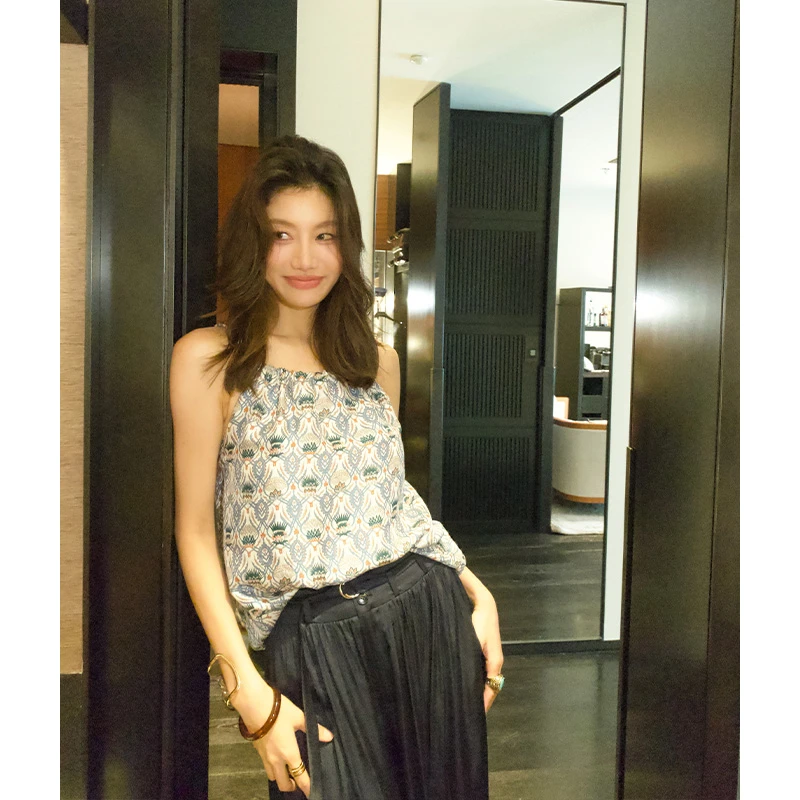 【ALONE SAVOR】龍喜儿 丝叙 桑蚕丝浪漫海岛复古蓟花印花吊带T449