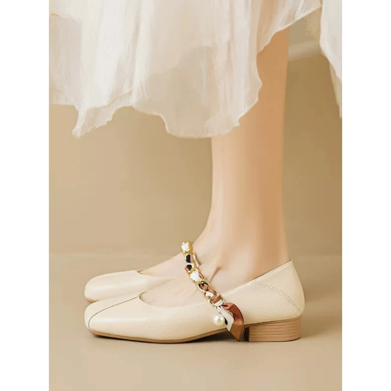 真皮款-玛丽珍鞋女2025年夏季时尚单鞋法式浅口粗跟大码鞋瓢鞋