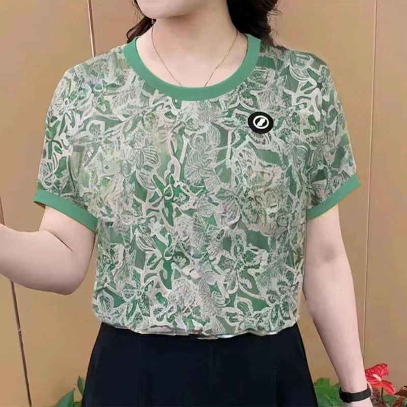夏季新款修身显瘦时尚圆领印花短袖洋气气质小衫妈妈装减龄上衣潮