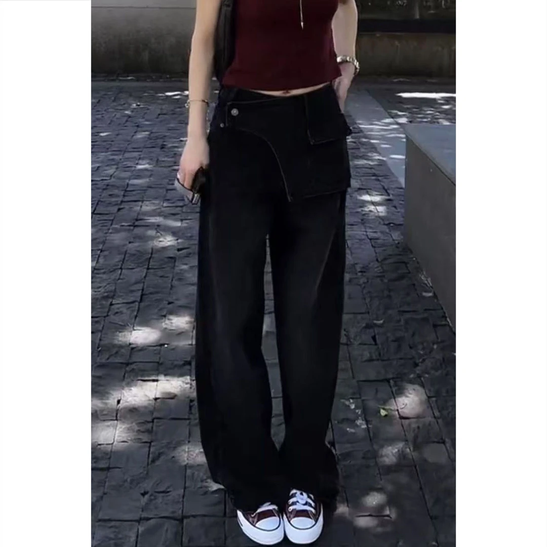 艾塔莉早秋新款高腰长裤牛仔裤女黑裤子垂感春秋小众百搭修身显瘦