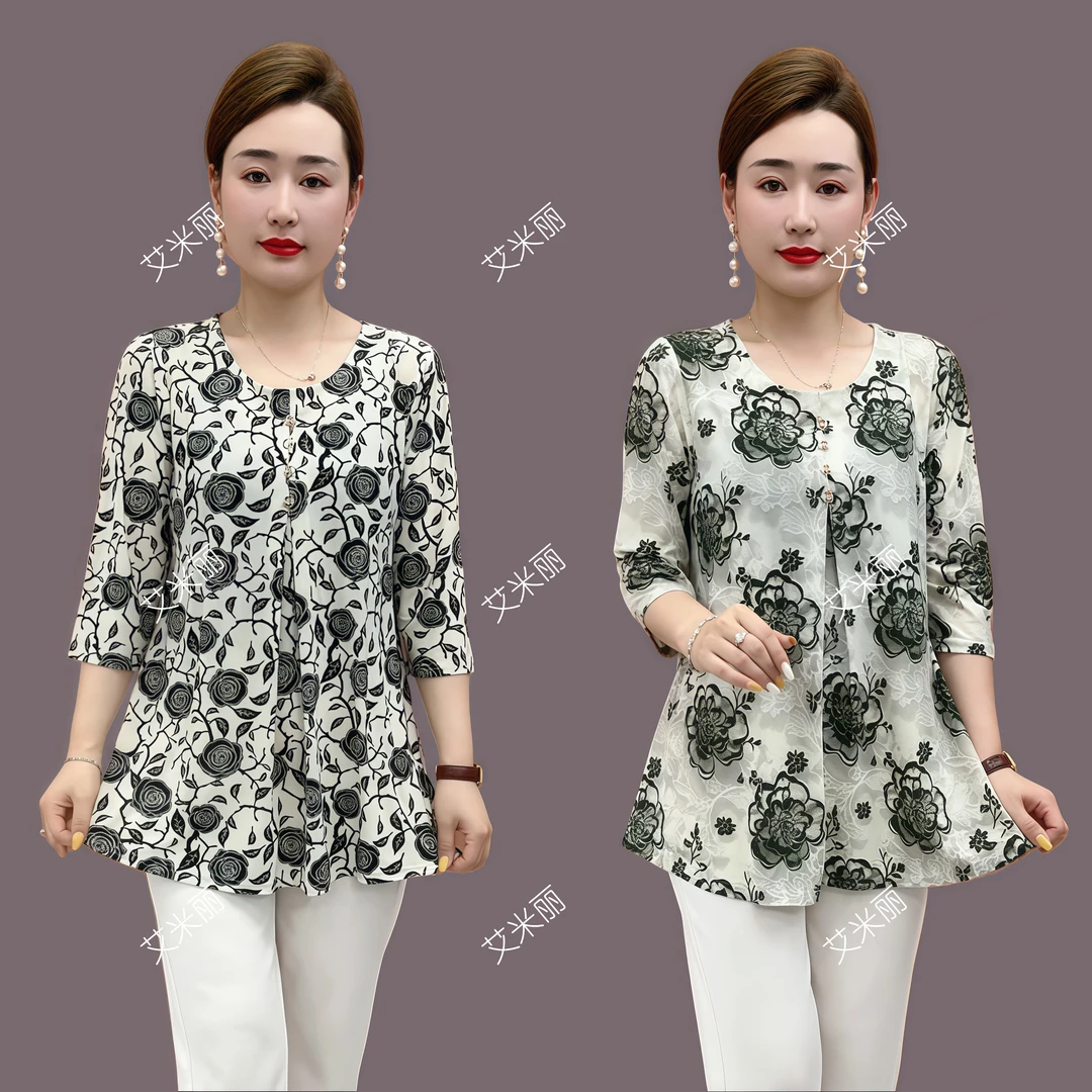 中老年大码夏季气质上衣时尚中袖T恤宽松小衫洋气遮肚显瘦妈妈装