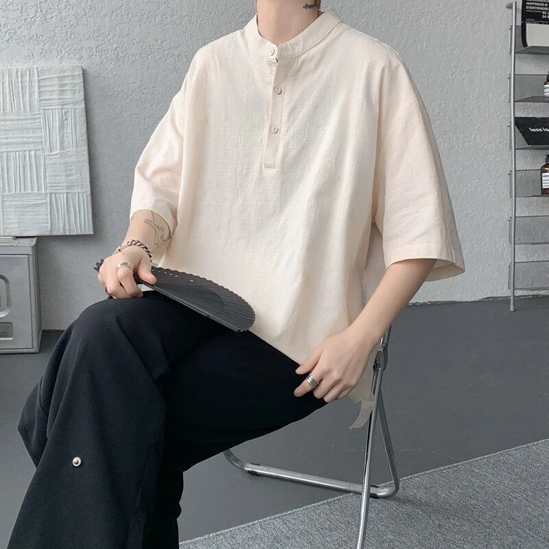 中国风亚麻短袖男加肥加大码亨利领t恤新中式男装夏季棉麻半袖衫