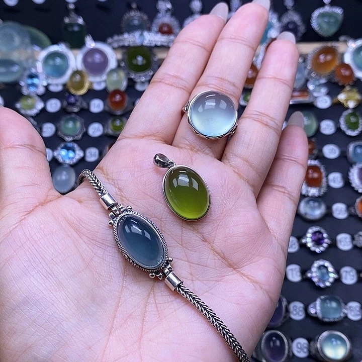 T***o岫玉银S925镶嵌戒指吊坠手链套装