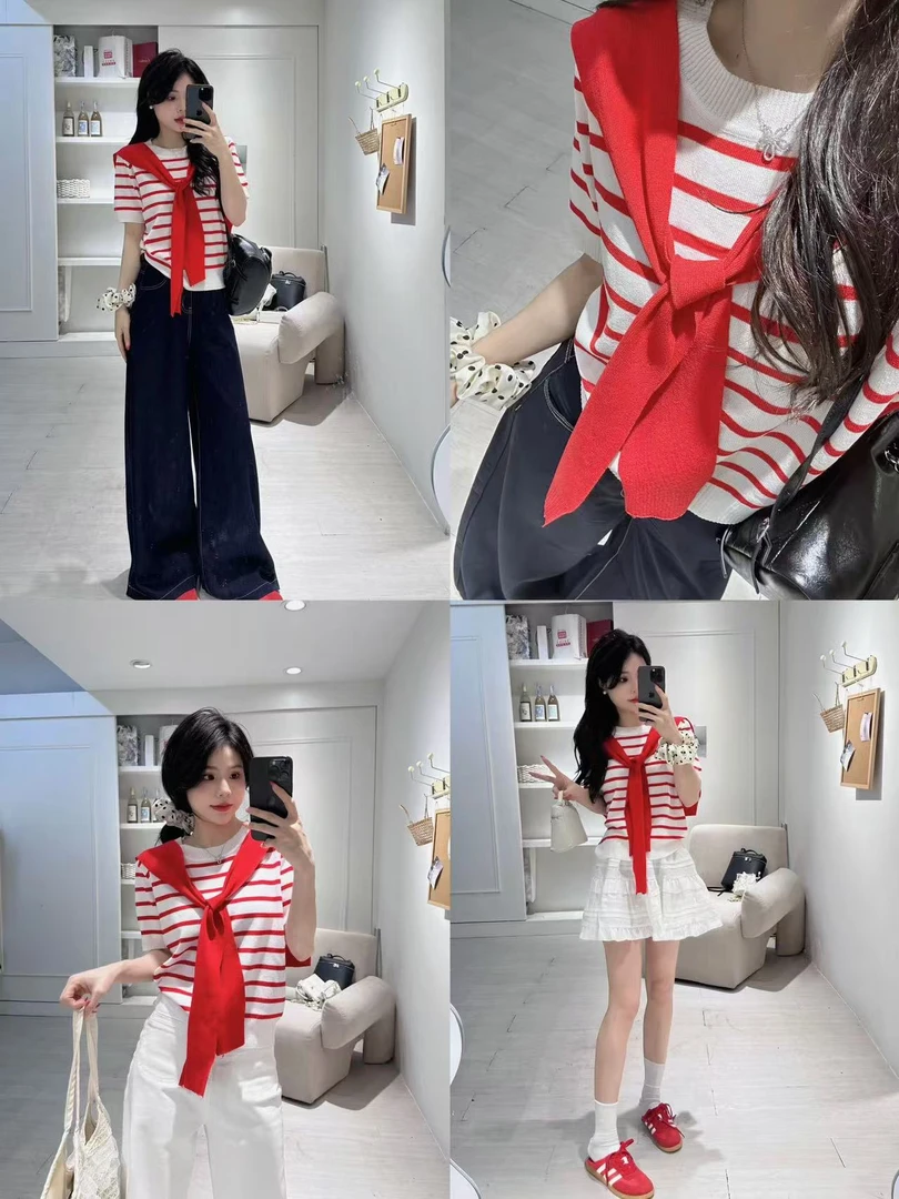 2026夏季新款百搭短袖设计感条纹带披肩针织衫短袖两件套H7-19