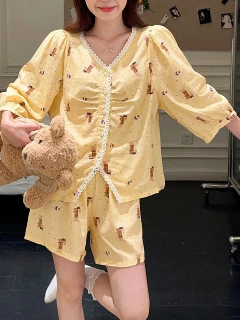 夏季舒适宽松甜美可爱芝士腊肠狗中袖短裤睡衣女柔软家居服套装