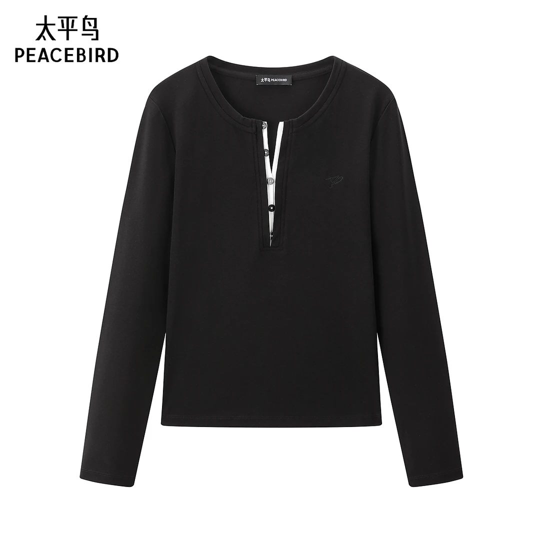 【商场同款】太平鸟 25秋季新款亨利领女士长袖纯色T恤A1CPF330A