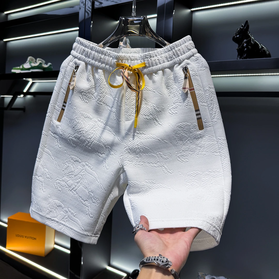 那因波勒男士提花休闲短裤夏季白色拼接潮流五分外穿百搭沙滩裤子