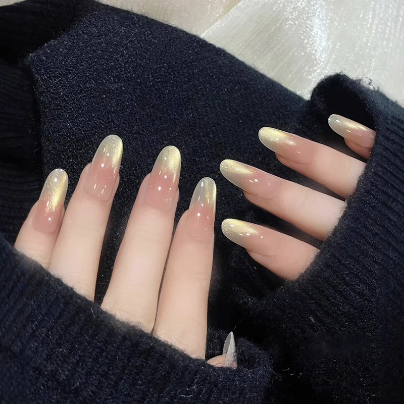 【璀璨】手工日常百搭裸粉渐变金猫眼细闪冰透可拆卸中长款穿戴甲