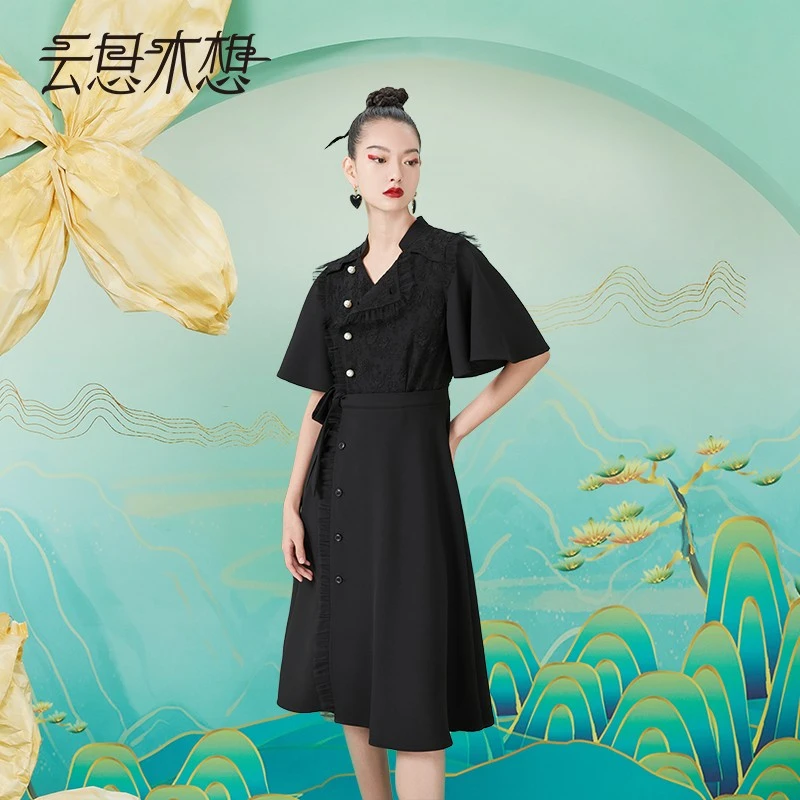 云思木想摩登中国风夏季新款拼接网纱珍珠扣时尚女士连衣裙19475