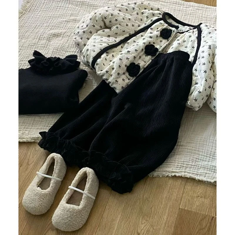 女童2025新款碎花保暖棉服冬季时尚洋气加绒裤子女宝宝加绒套装潮