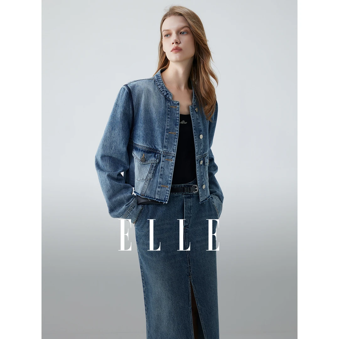 ELLE复古水洗牛仔短外套女2025秋季新款正肩显瘦高级EF51846