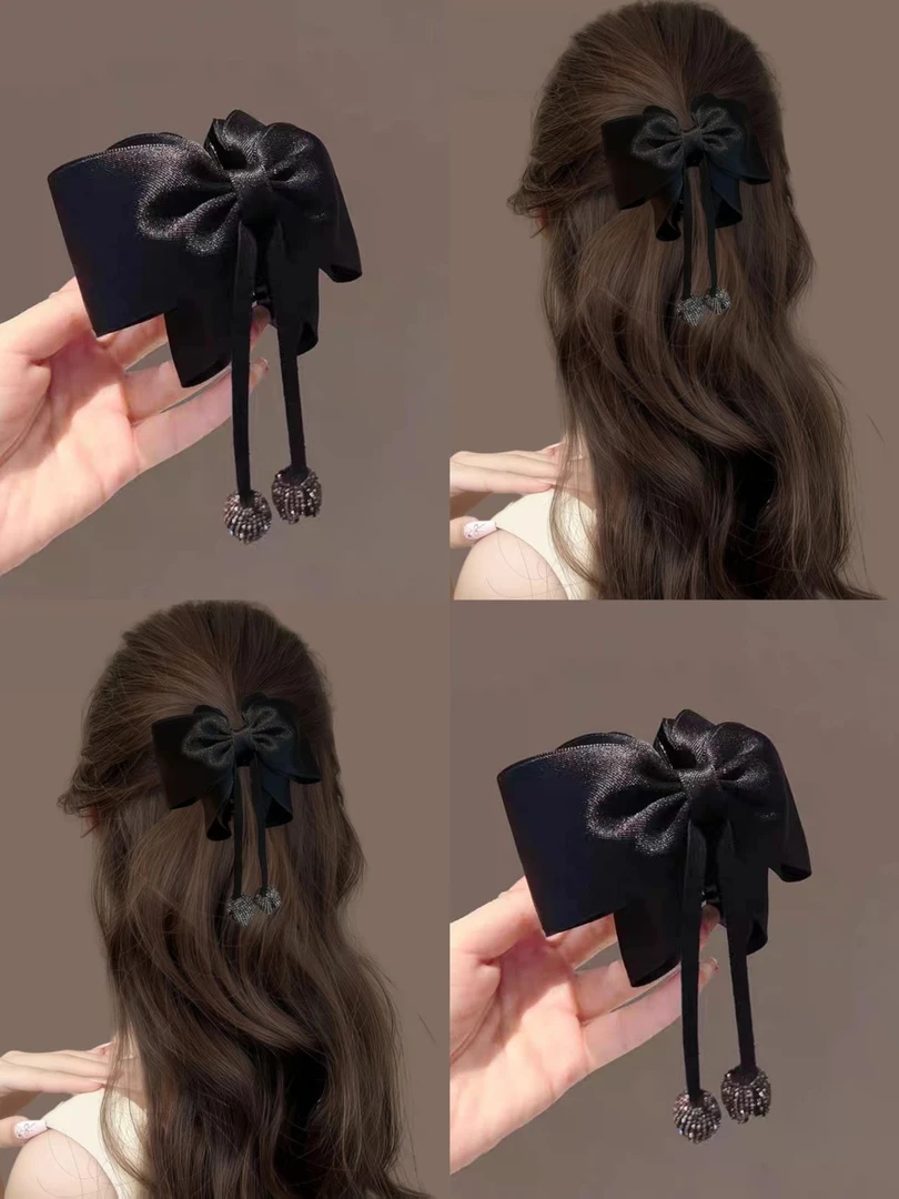 2025精致韩系花苞水钻马尾抓夹时尚百搭蝴蝶结后脑勺半扎发鲨鱼夹