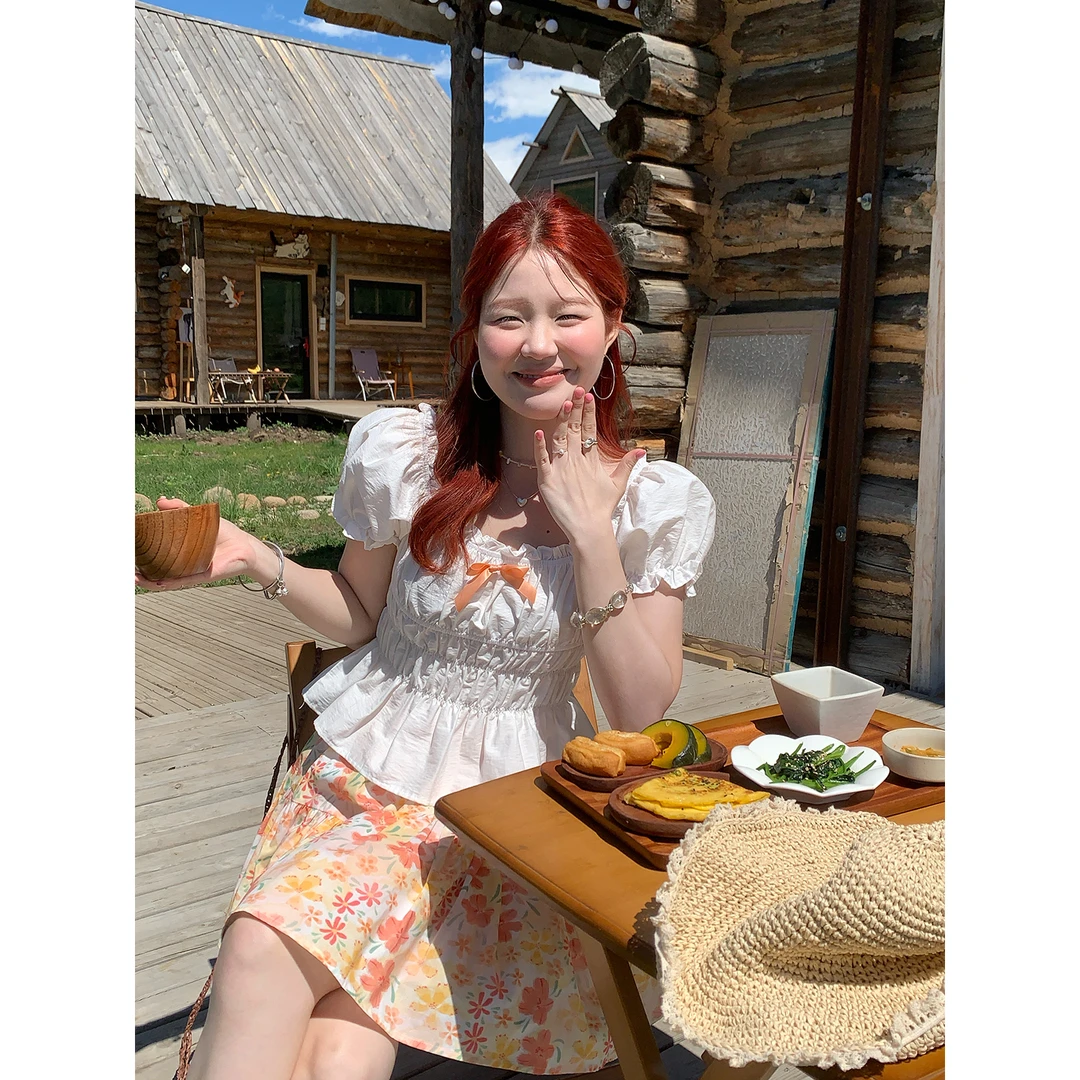 火火火【栀子茉白】韩系气质泡泡袖衬衫上衣C34924HH52