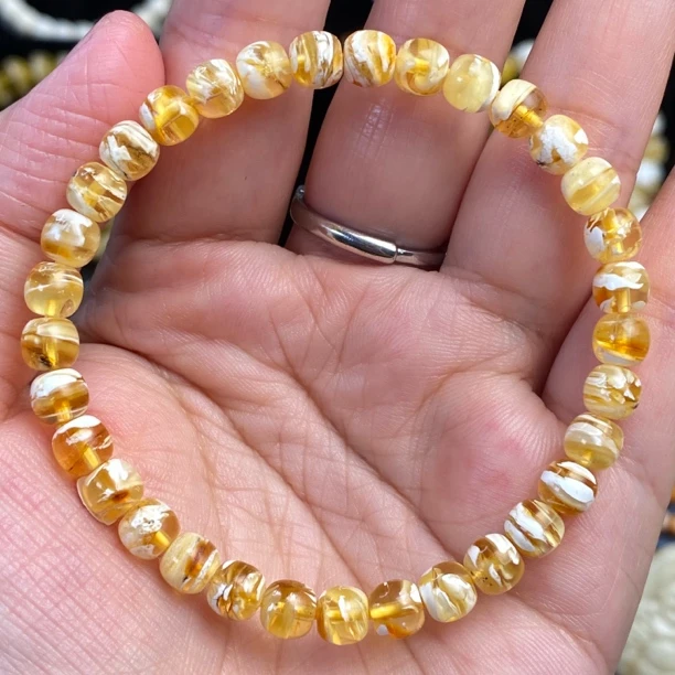 6×5.5mm天然原矿蜜蜡金瓷白拉丝纹高桩老型手串