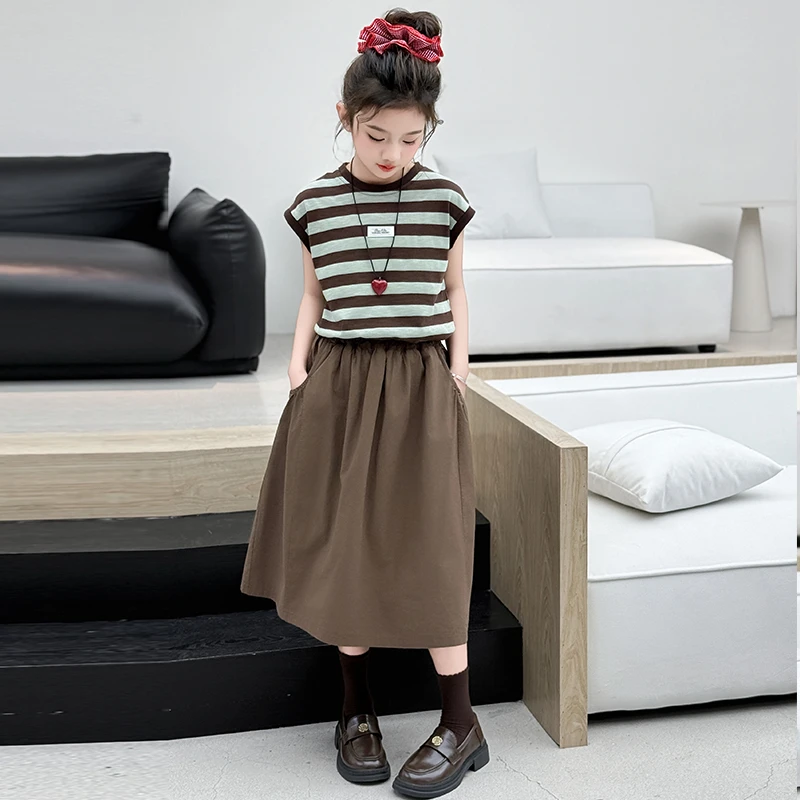 夏季新款女童条纹无袖时尚半身裙洋气套装女孩森系韩版薄款夏装潮