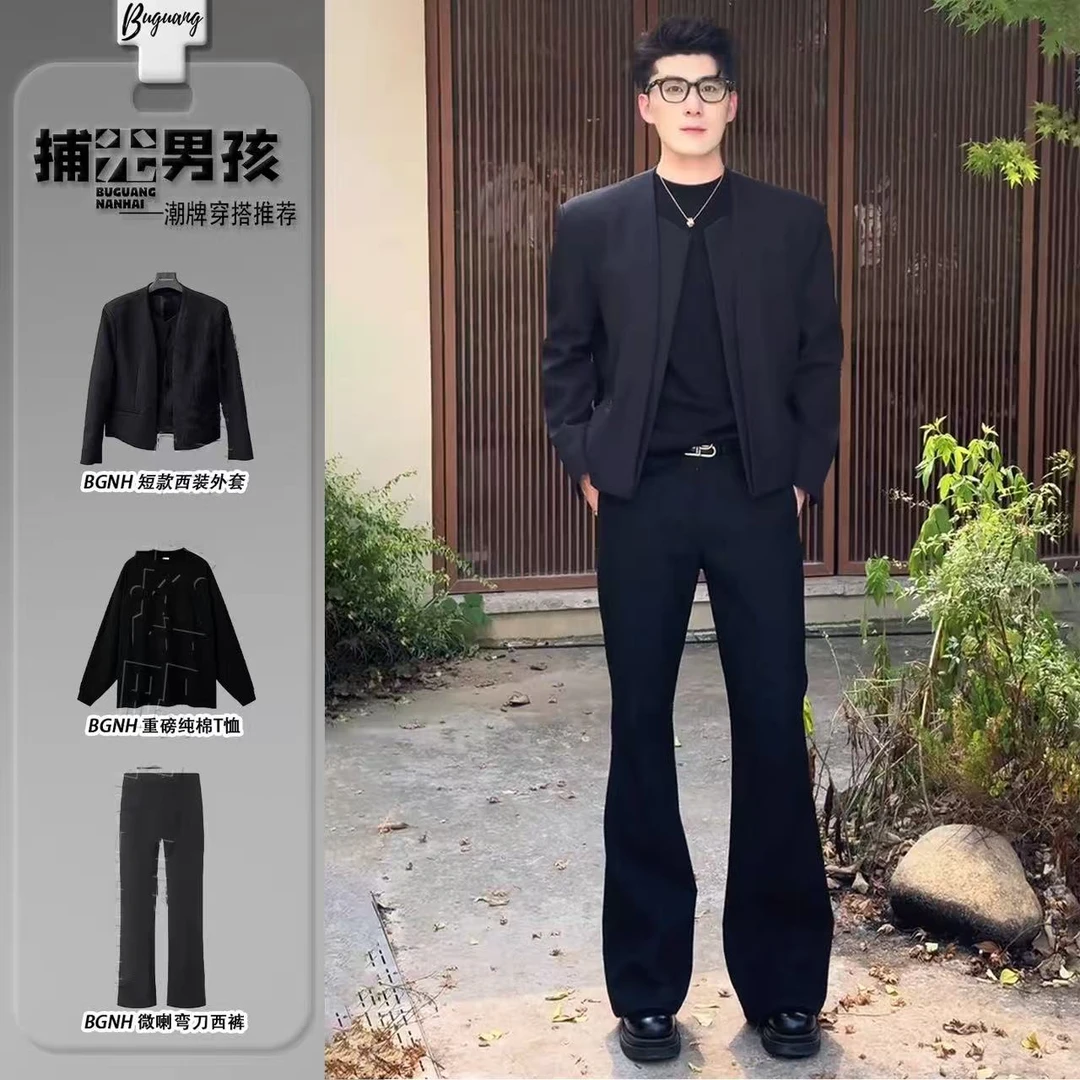 美式解构垫肩西服套装男模酷帅穿搭一整套韩版痞帅无扣门襟dk西装