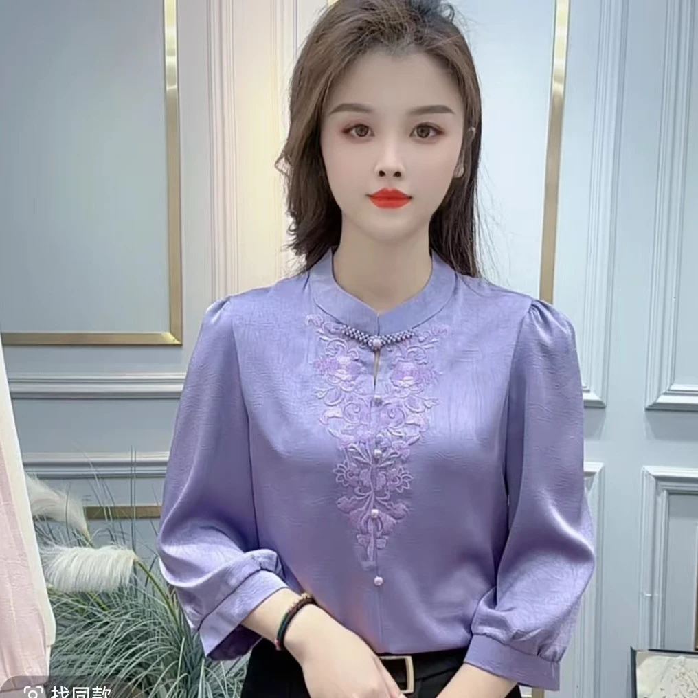 刺绣设计感上衣盘扣七分袖衬衫女春夏新款大码洋气复古衬衣