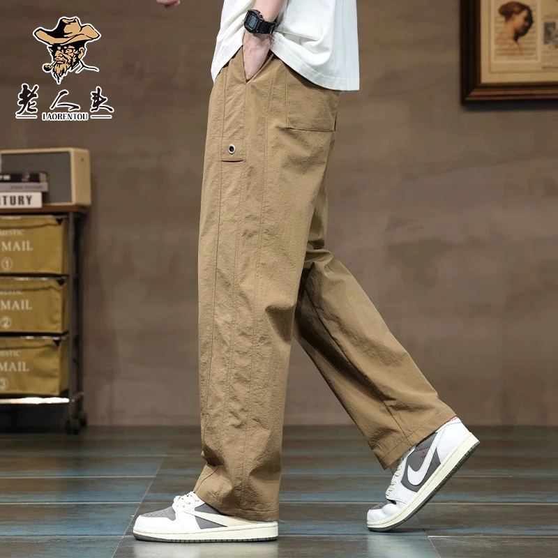 LAORENTOU/老人头男生冰丝薄款休闲裤夏季潮牌宽松速干直筒运动裤