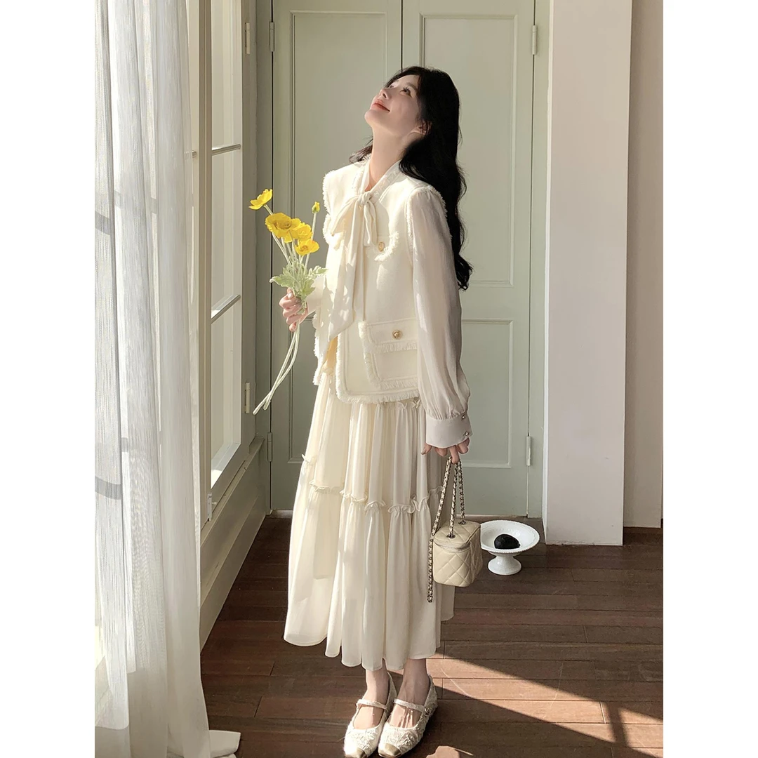 法式气质连衣裙女春秋2025新款时尚洋气高级感小香风马甲长裙套装
