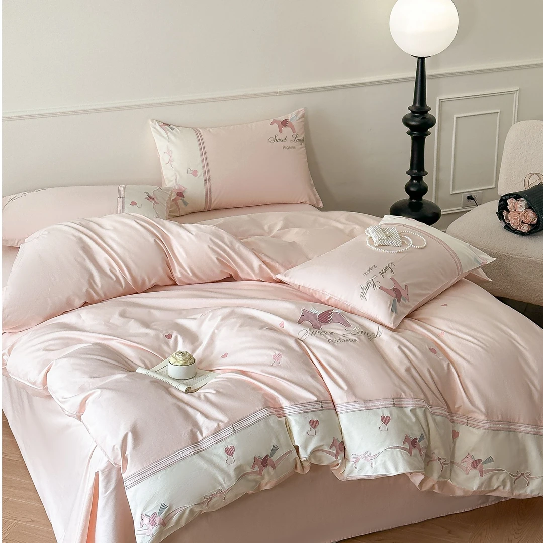 小玲子 小飞马-粉 全棉纯棉三件套四件套 刺绣工艺款  小清新风