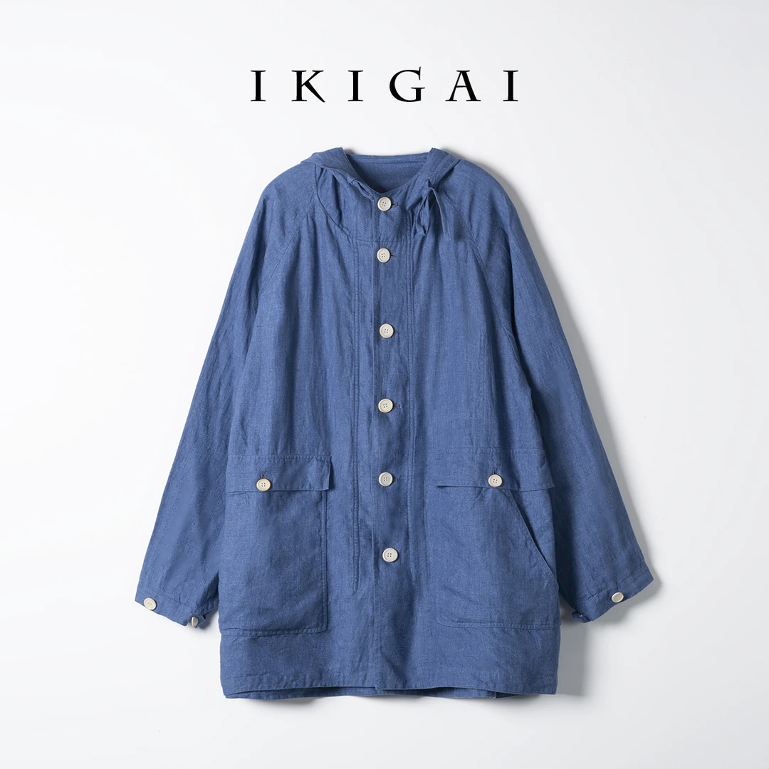 ikigai 日系亚麻复古连帽衫户外中款风衣