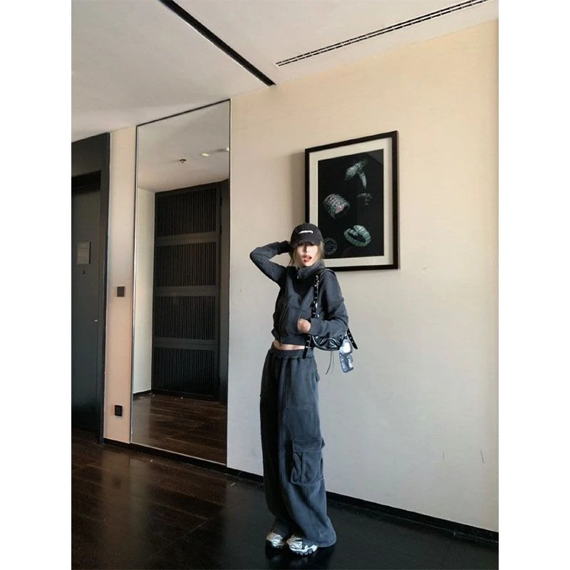 美式复古辣妹高级感短款长袖外套秋冬高腰显瘦休闲工装长裤两件套