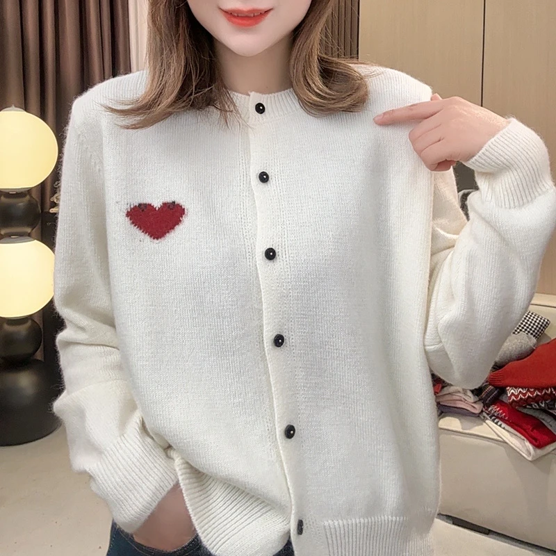 早春圆领爱心提花浣熊绒针织开衫女经典百搭软糯毛衣外套打底衫潮