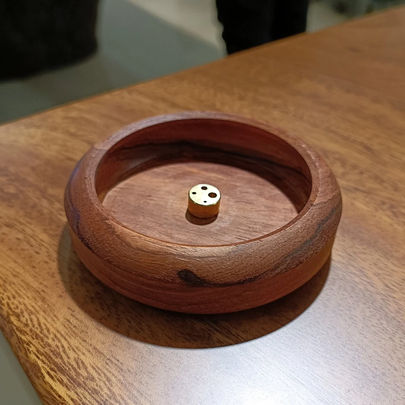 缅甸花梨圆形四孔香插香碗实木质旅行香座室内沉香香炉香托香盘