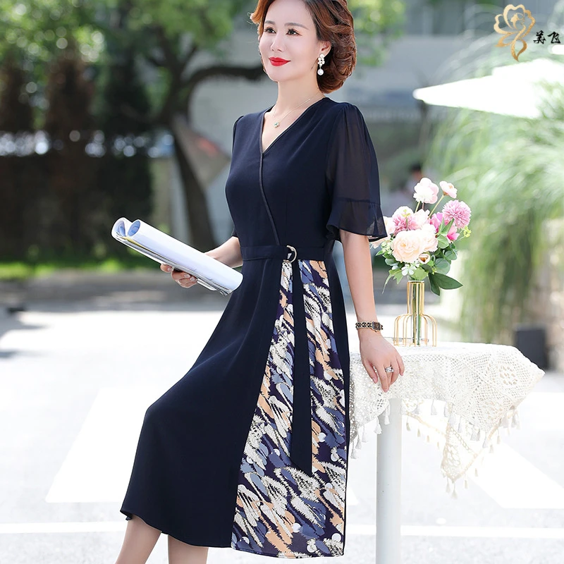 妈妈装夏季时尚洋气收腰连衣裙中年显瘦雪纺裙子中长款中老年夏装