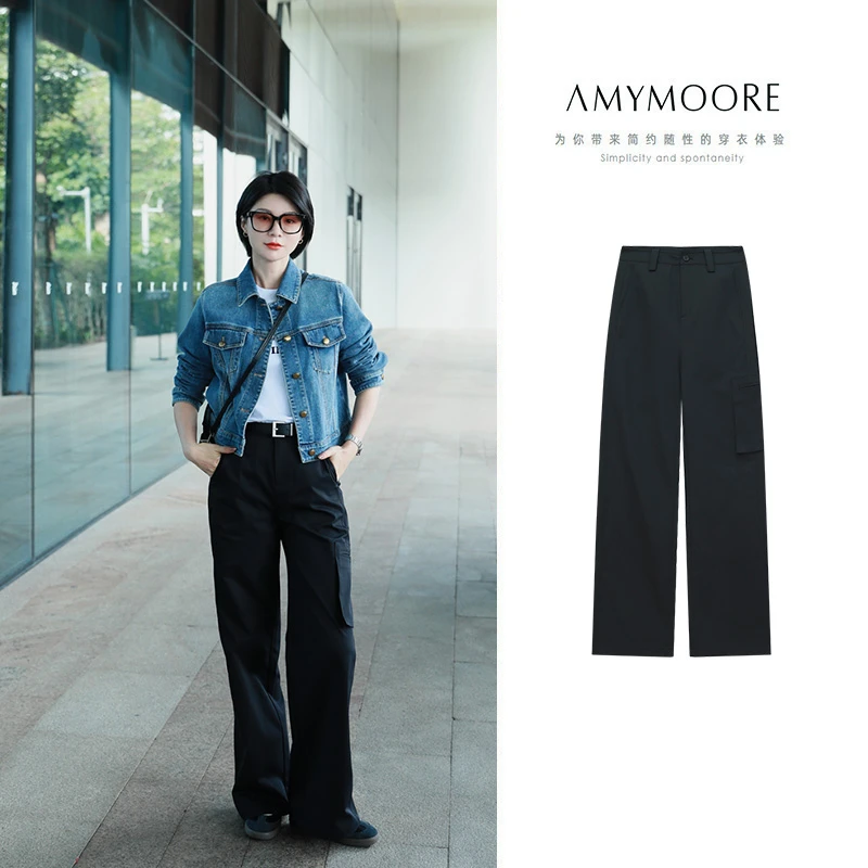 AMYMOORE艾莫尔女秋季工装裤子休闲直筒简约舒适纯色百搭181932