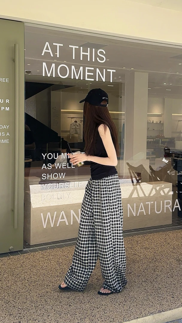 【白柚白】夏季薄款新款松弛感慵懒百搭复古韩版宽松棋盘格格子裤