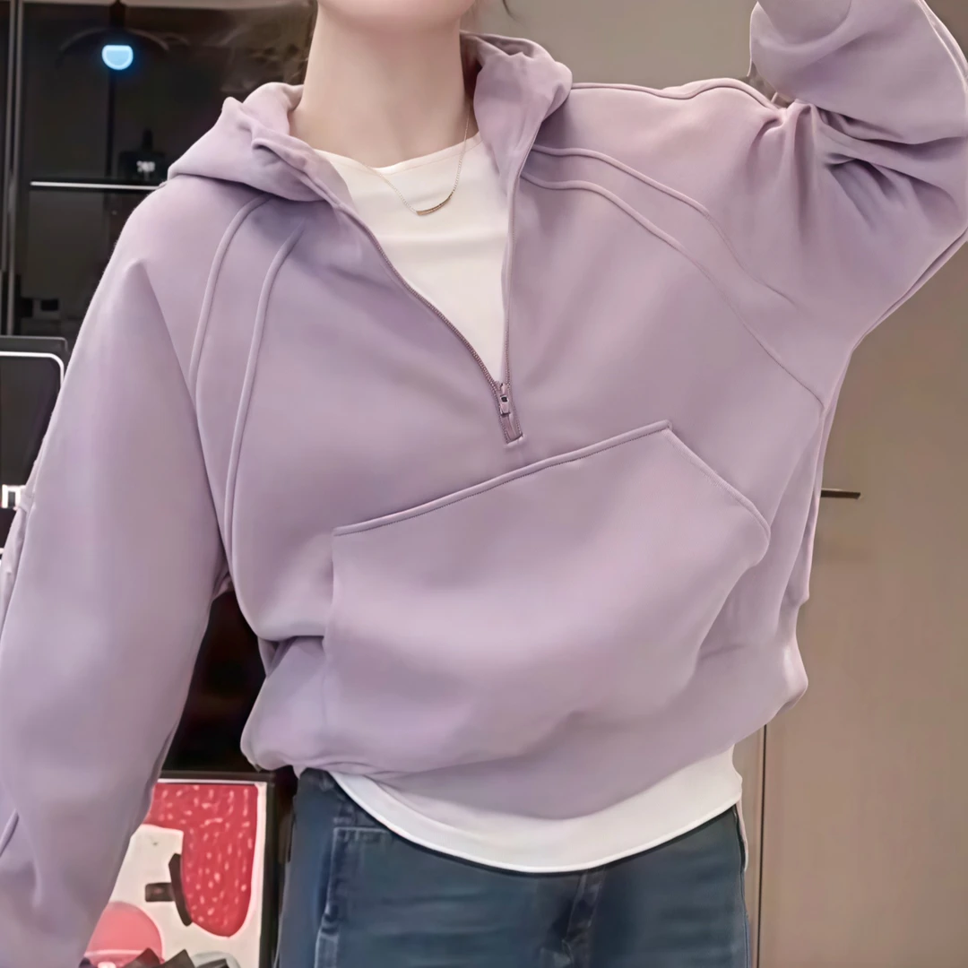 胖mm宽松百搭纯色长袖上衣2025秋季大码休闲慵懒半拉链连帽卫衣女