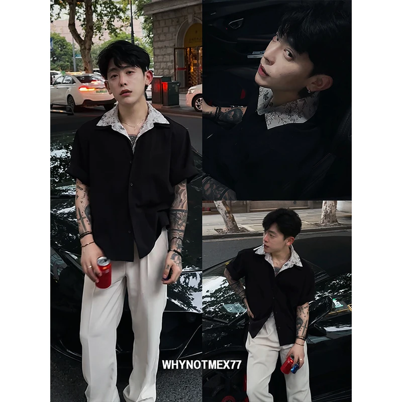 【序77】"亚麻花领"翻领假两件休闲短袖衬衫上衣百搭夏季男