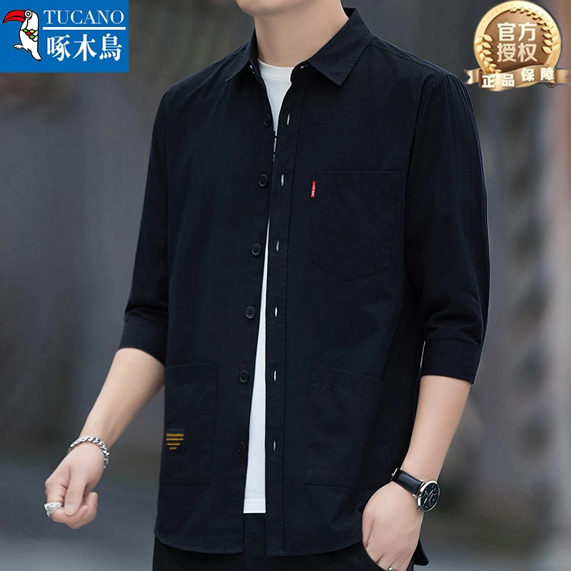 啄木鸟100%纯棉男士七分袖全棉衬衫夏季翻领男生新款户外当季简约