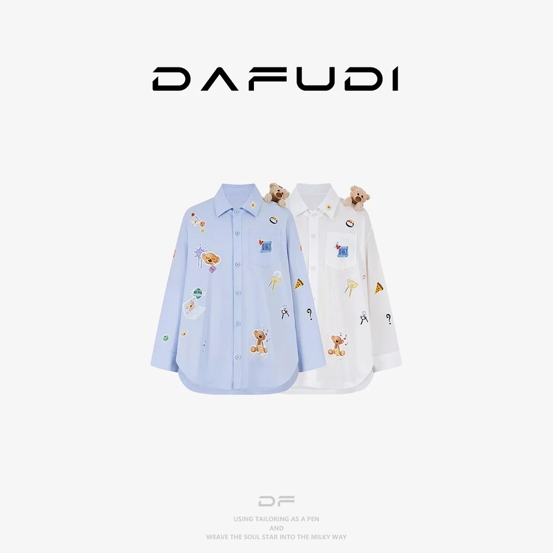 达芙笛【衬衫】2025秋季新款贴画小熊衬衫宽松翻领中长外套F7773