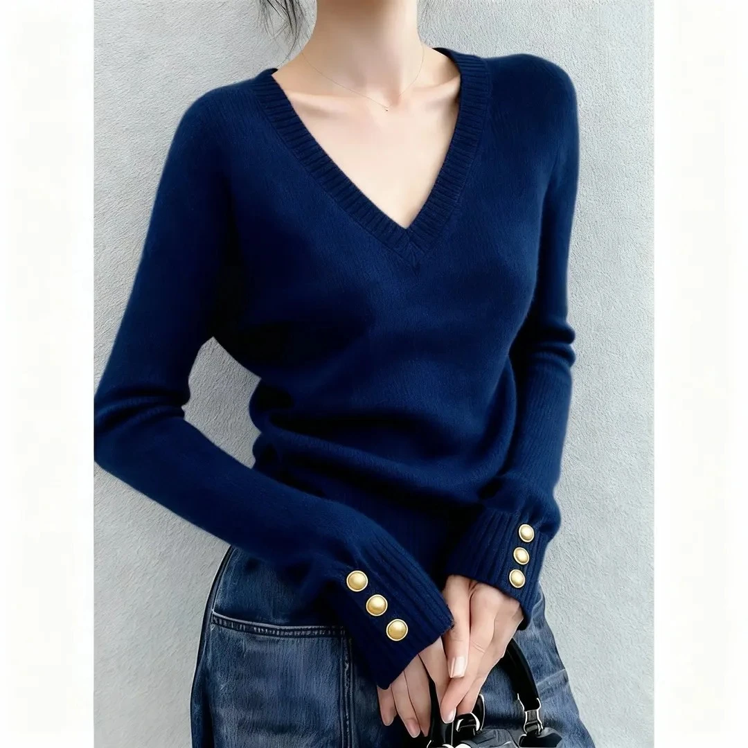 藏蓝色V领正肩毛衣针织衫女2025新款秋冬大码胖mm内搭打底衫上衣