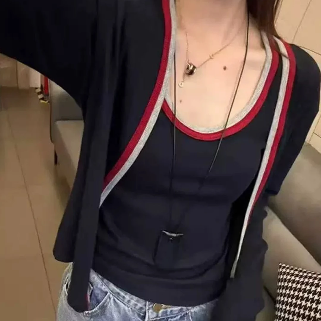 两件套茶系穿搭女新款小个子减龄撞色背心与开衫搭配