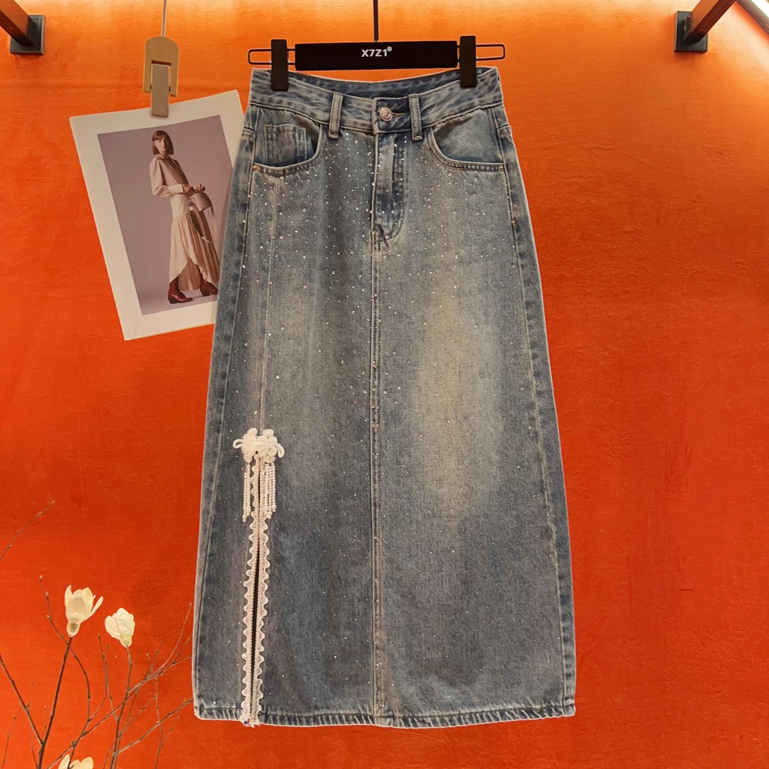 25新款 复古时髦必备 浅蓝色牛仔裙装饰蕾丝系带半身裙