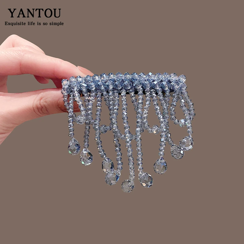 淡蓝水晶幻境手工编织马尾半发横夹一字夹顶夹侧夹发卡子弹簧夹女