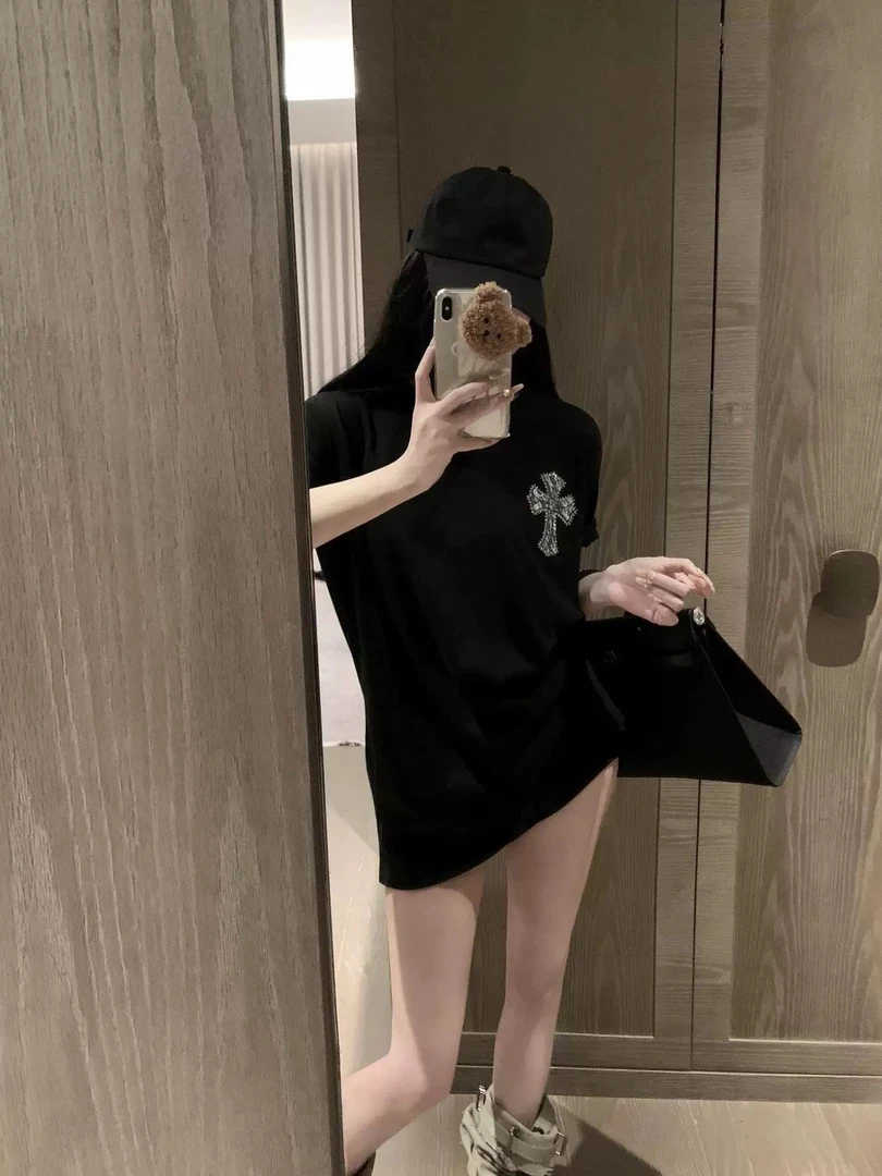 潮牌明星款牛仔贴布十字架休闲宽松大版T恤