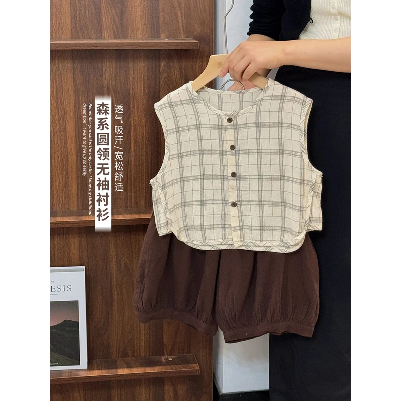 《主播力推》森系文艺范童装男女儿童棉麻上衣25XL10102无袖