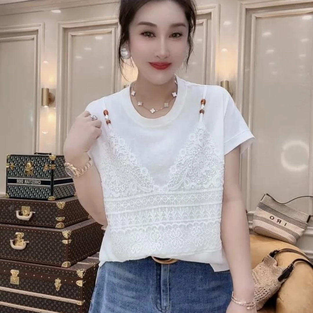 蕾丝假两件短袖T恤女欧货2025夏季新款甜酷风小众显瘦薄款ins上衣
