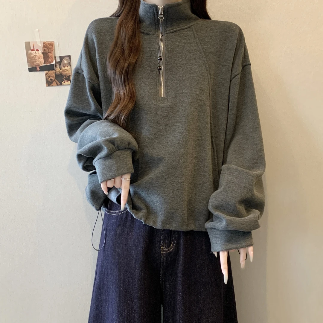 设计感半拉链立领卫衣外套女装秋冬2025新款大码胖mm加绒加厚上衣