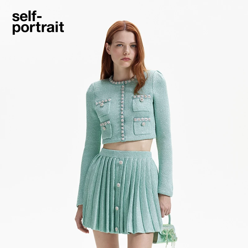 self-portrait 薄荷绿小香风卢勒克斯针织长袖上衣