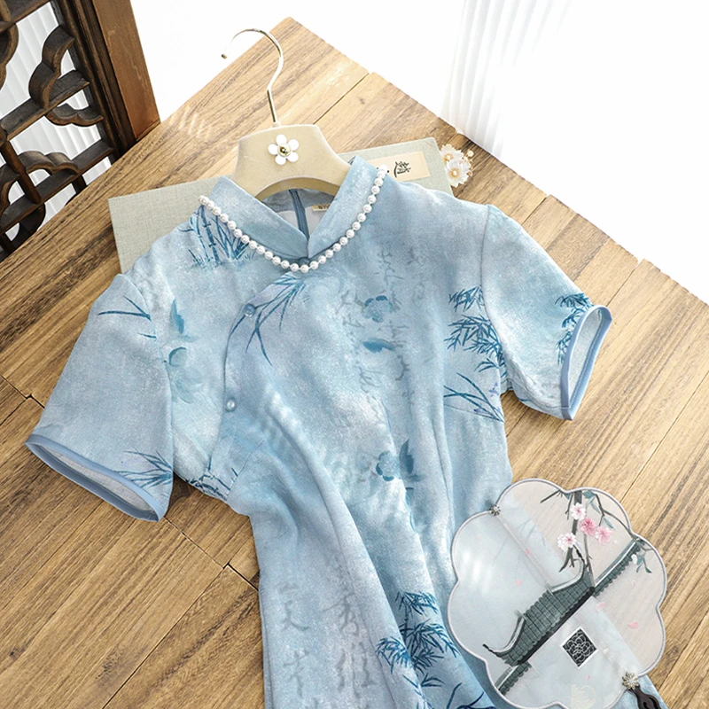 俏娘鱼2025春夏新款蓝色复古新中式短袖改良旗袍女日常可穿年轻款