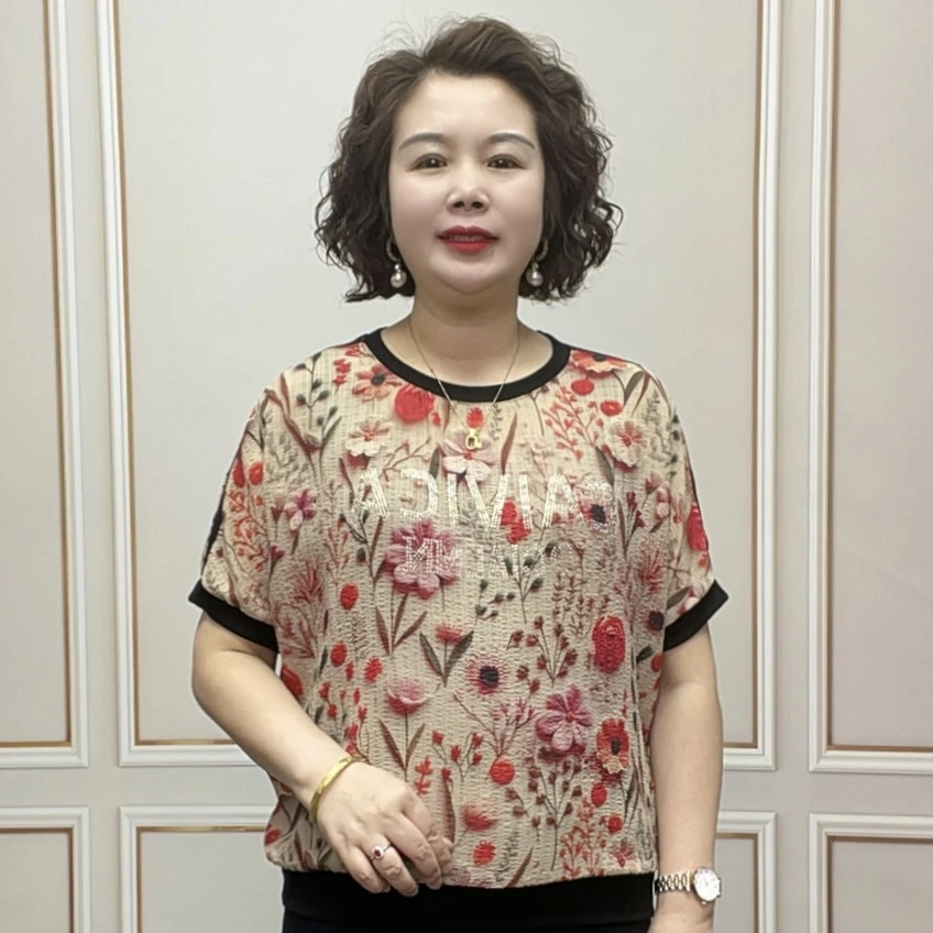 2025夏季时尚薄款短袖气质洋气百搭减龄宽松显瘦女士休闲妈妈装