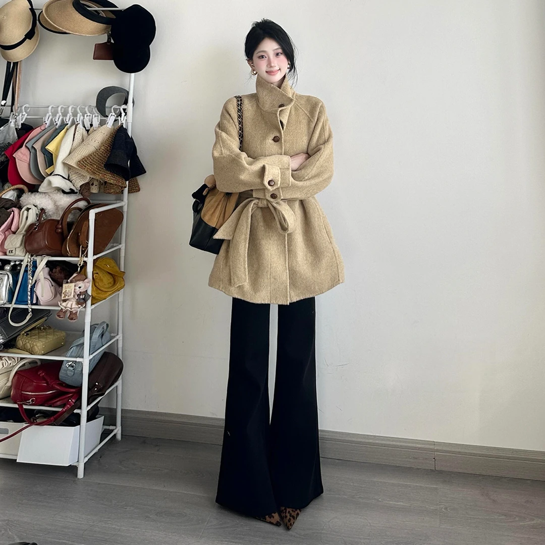 韩系高级感卡其色毛呢厚外套女秋冬季2025新款巨好看收腰呢子大衣