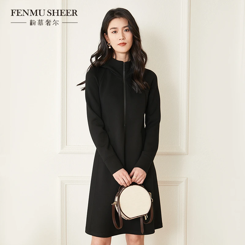 【莉莉专属】粉慕奢尔「慵懒时光」休闲半高领连帽收腰连衣裙女-D1205