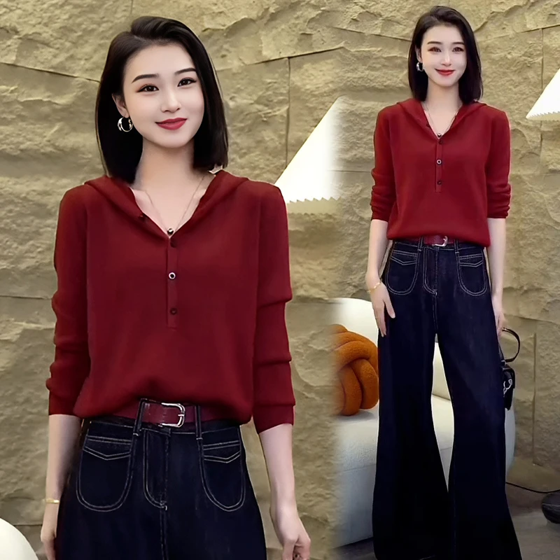 减龄时尚长袖针织衫女装气质春秋宽松连帽套头款